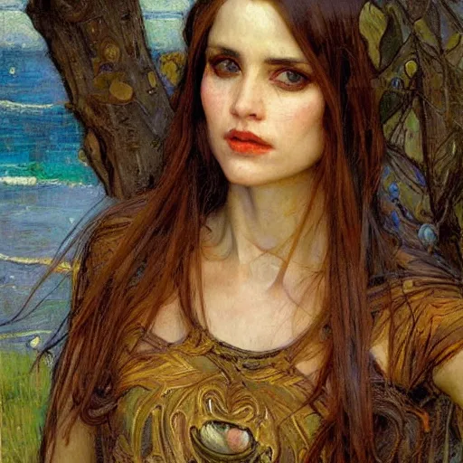 Image similar to a painting in the style of donato giancola, and in the style of john william waterhouse, and in the style of charles dulac. smooth, sharp focus, semi - realism.