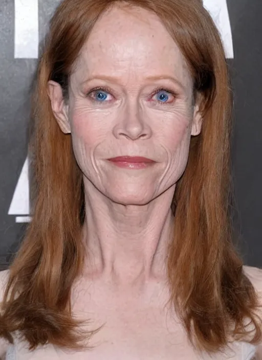 Prompt: a genetic combination of a young sissy spacek and sigourney weaver, late thirties, blond hair, brown eyes, face and shoulders focus