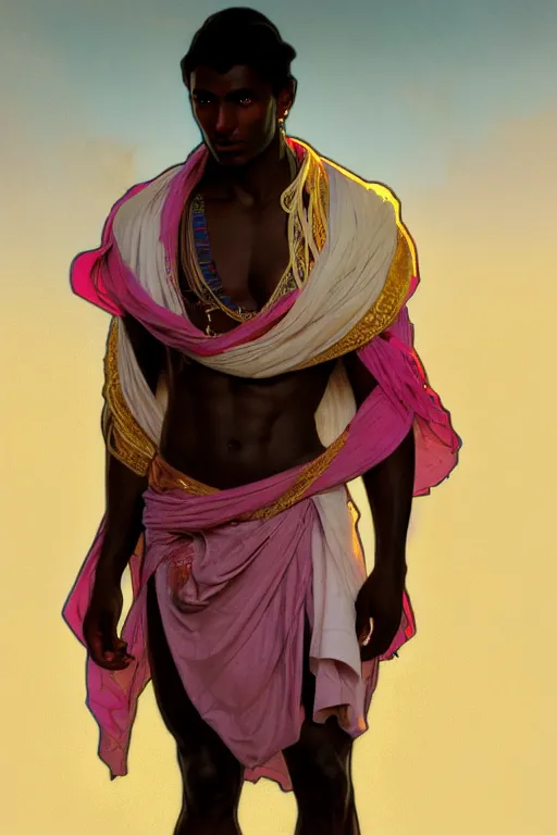 Prompt: full figure beautiful young fit dark skin man, covered in multicolored arabian fluent clothes, luminous scene, by greg rutkowski and alphonse mucha, d & d character, gradient white to gold, in front of a dune desert background, highly detailed portrait, digital painting, artstation, concept art, smooth, sharp focus illustration, artstation hq