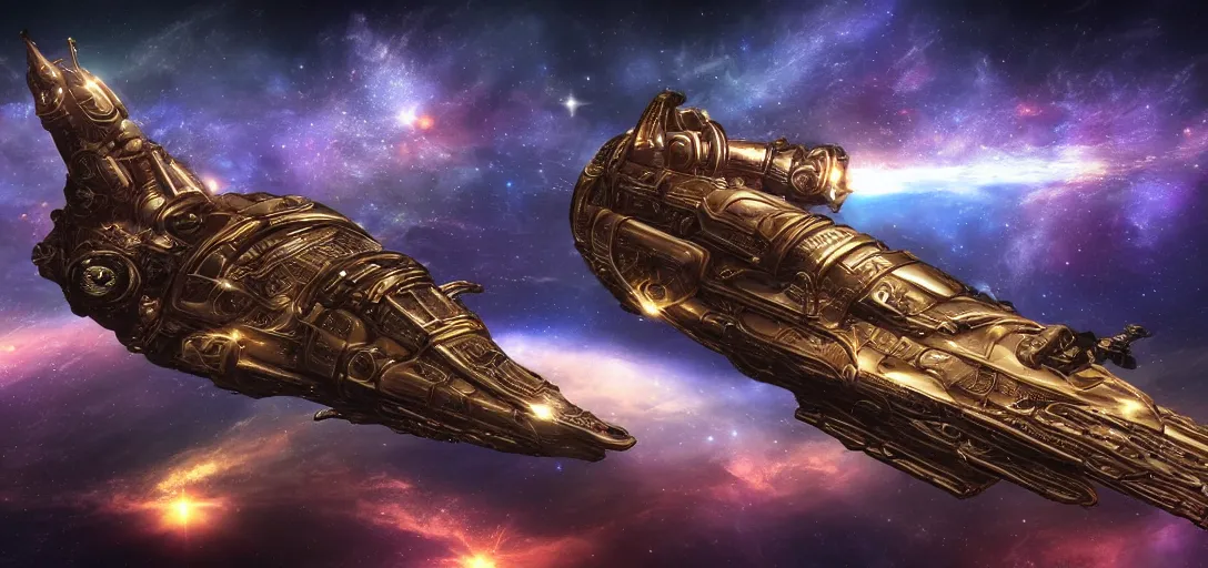 Image similar to futuristic digital art of a steampunk spaceship, deep space background,