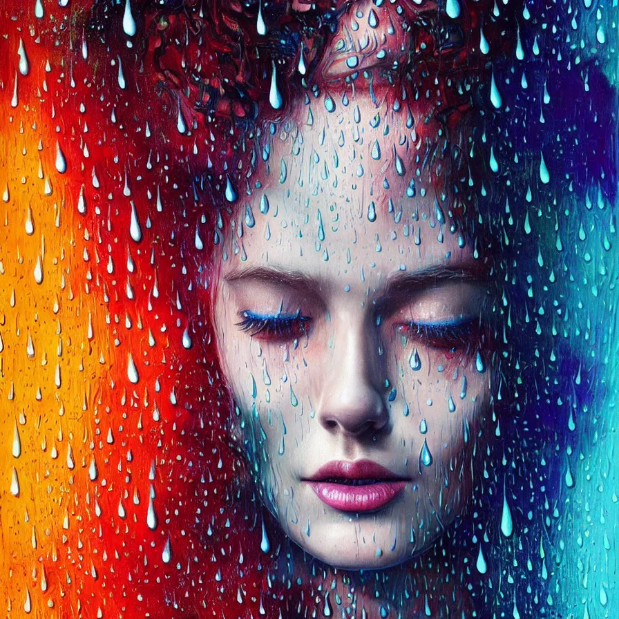 Image similar to bright asthetic portrait of LSD in rain with wet hair and one face, liquid, fantasy, intricate, elegant, dramatic lighting, highly detailed, lifelike, photorealistic, digital painting, artstation, illustration, concept art, smooth, sharp focus, art by John Collier and Albert Aublet and Krenz Cushart and Artem Demura and Alphonse Mucha