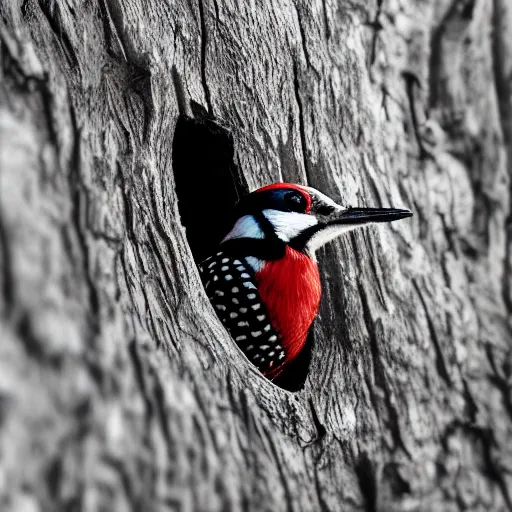 Prompt: 5 5 mm macro photo of a woodpecker inside a house in an oak tree, looking through the window. dof. bokeh. by artgerm and luis royo. highly detailed 8 k. intricate. lifelike. soft light. cinematic processing