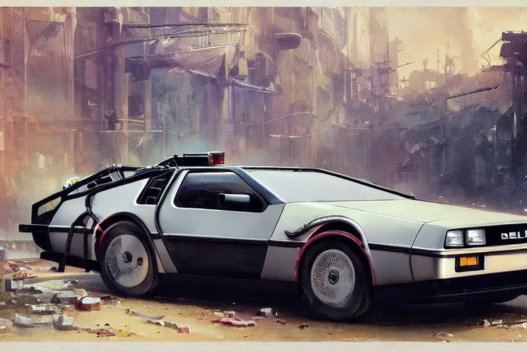 Image similar to photograph of the delorean, with a sleek spoiler, driving down the streets of a cyberpunk abandoned city, by greg rutkowski, by stanley artgerm, by alphonse mucha