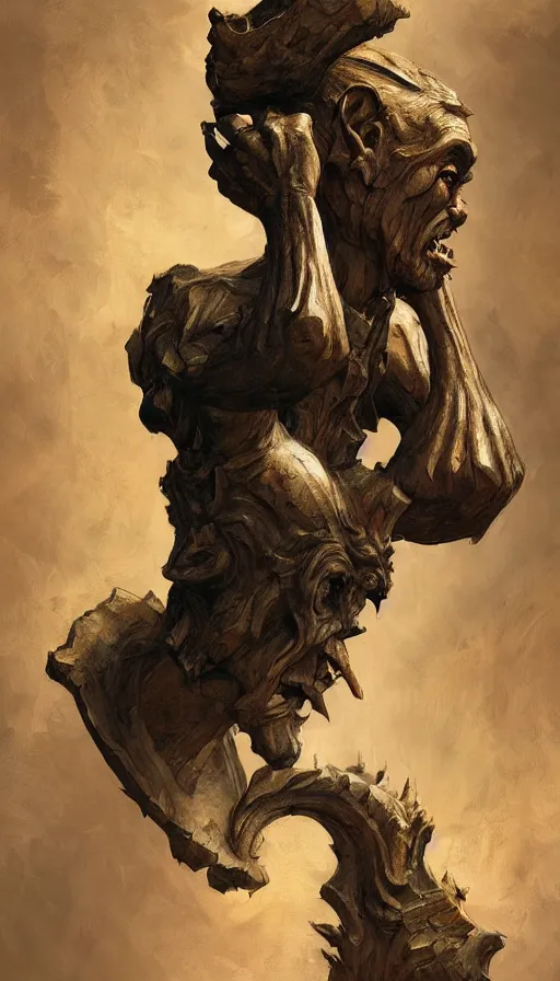 Image similar to wooden gargoyle profiles, paint texture, digital painting, highly detailed, artstation, sharp focus, sunlit, painted by ruan jia, raymond swanland, lawrence alma tadema, zdzislaw beksinski, norman rockwell, jack kirby, tom lovell, alex malveda, greg staples