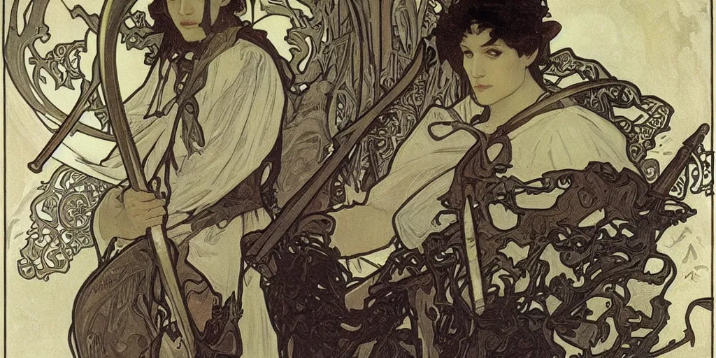 Image similar to An elf prince with a sword ,alphonse mucha