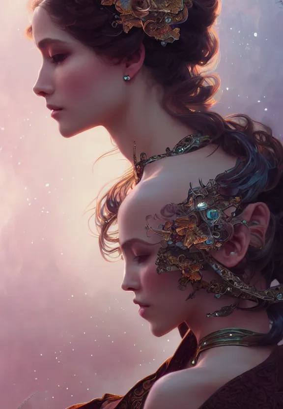 Prompt: close up of a beautiful woman on wearing concept fashion, fantasy, intricate, elegant, highly detailed, digital painting, artstation, concept art, smooth, 8 k, sharp focus, illustration, art by artgerm and greg rutkowski and alphonse mucha