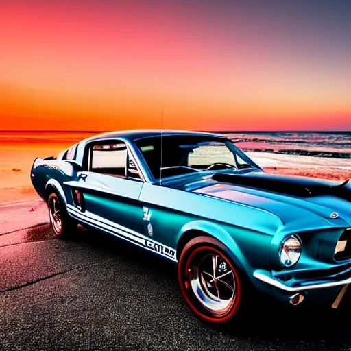 Prompt: long shot of 1967 Ford mustang Shelby GT500 in pink color at sunset in front a beach, 8k, amazing reflection on the car, UHD Photography