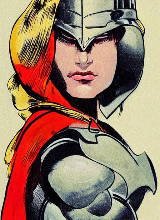 Prompt: head and shoulders portrait of a female knight. well composed, clean elegant painting, beautiful detailed face. comic book art by steve ditko and jack kirby