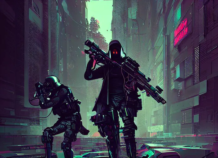 Prompt: cyberpunk assassin evading menacing police troopers by josan gonzalez splash art graphic design color splash high contrasting art, fantasy, highly detailed, art by greg rutkowski. dystopian