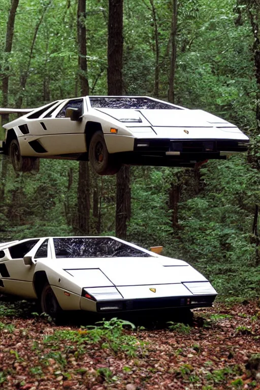 Image similar to 1988 Lamborghini Countach floating in mid-air Abandoned in the Woods