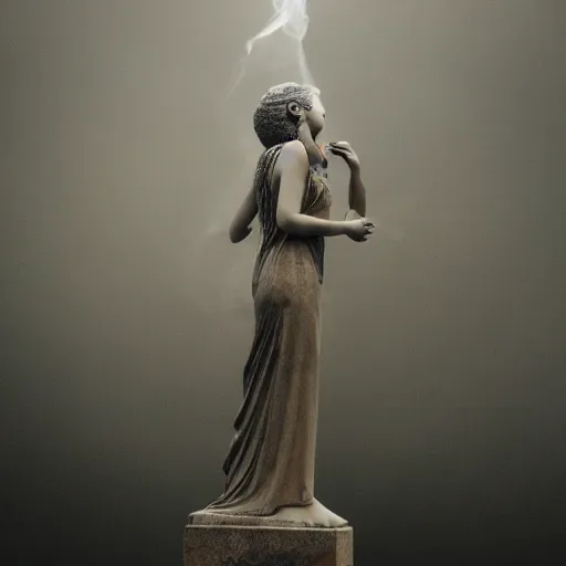 Image similar to sculpture of Cleopatra on the rain, faith, full body, low angle, night, surrounded by smoke, shadows, award winning photography