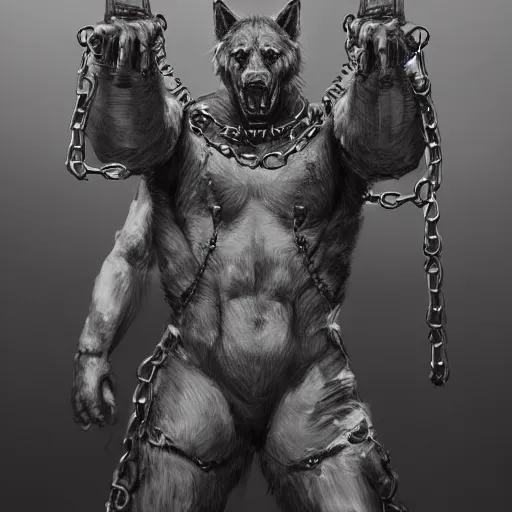 Image similar to a wounded humanoid german shepherd beast - man in military style, his hands are covered with chains, sitting on the bed, highly detailed portrait, digital painting, artstation, concept art, smooth, sharp foccus ilustration, artstation