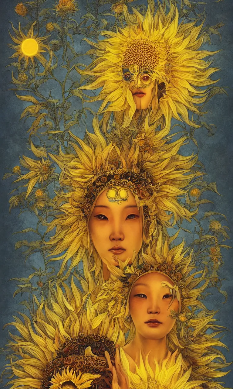 Prompt: The Chinese goddess of sunflowers, who has a third-eye and an helianthus-shaped golden crown, and presides over the rays of the sun with her sacred vision, by Anato Finnstark, Tom Bagshaw, Brom