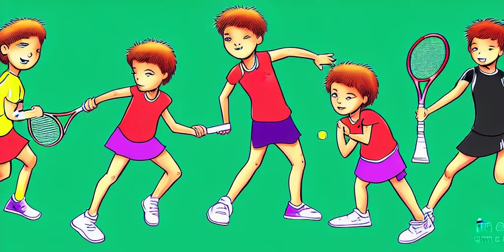 Image similar to comic digital art of kids playing tennis by marvel