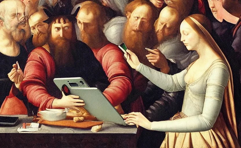 Image similar to renaissance painting of a queen swiping on his smartphone in the foreground, a king on his laptop in the background