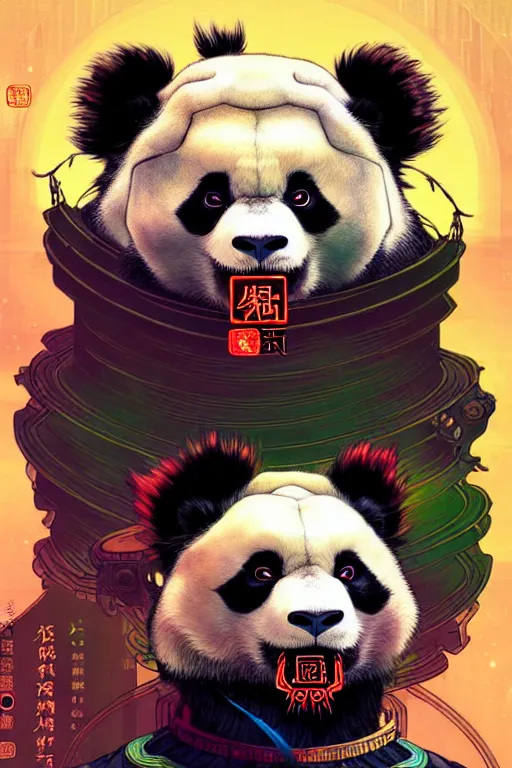 Image similar to a beautiful hyperdetailed character design of a cute panda with a chinese lion dance head victo ngai cyberpunk style, from china, style of studio ghibli, makoto shinkai, raphael lacoste, louis comfort tiffany, artgerm, james jean, ross tran, chinese style