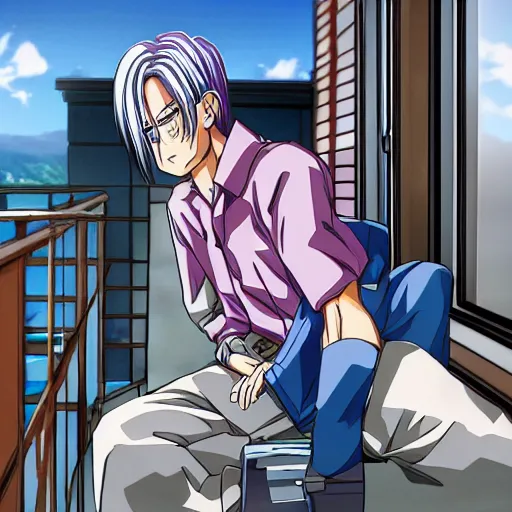 Image similar to trunks sitting on a balcony while listening to music, anime key visual, aesthetic, trending on artstation, 8 k