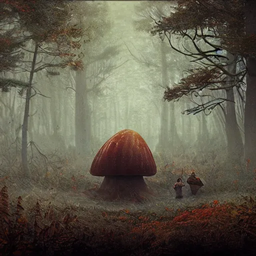 Prompt: an old broken hut mage of huge mushrooms, in an autumn forest, green and brown tones, by Aron Wiesenfeld and beksincki, in the style of of simon stalenhag and Bev dolittle, cinematic, detailed illustration, nature, fog, dark colors, suspense, intricate, 8k in the style