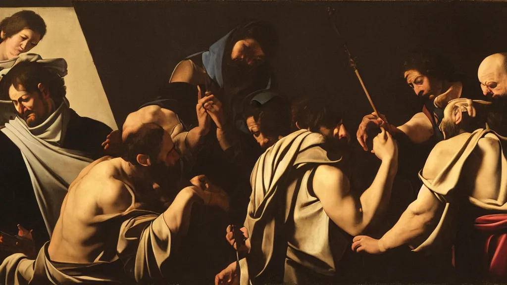 Prompt: photograph of a scene similar to the vocation of St. Matthew inspired by Caravaggio