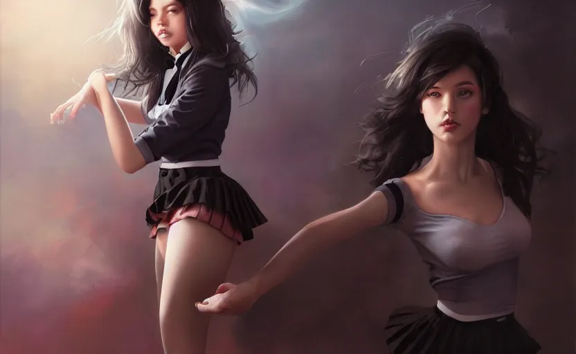 Image similar to a beautiful woman with school uniform dancing, seifuku, pleated miniskirt, overknee socks, adriana lima, painted by artgerm and tom bagshaw, fantasy art, dramatic lighting, highly detailed oil painting, volumetric lighting