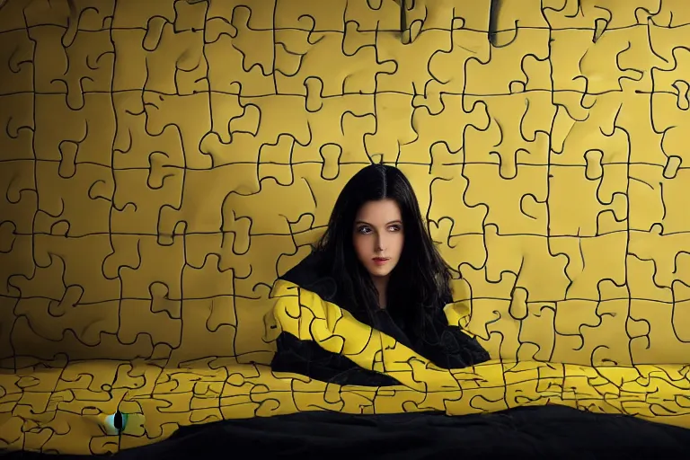 Prompt: wide portrait of a dark-haired woman wearing a yellow raincoat in front of a bed covered with white line, black puzzle pieces are hovering in the air, atmospheric, cinematic, ultra detailed, volumetric lighting, photography, by Weta Digital