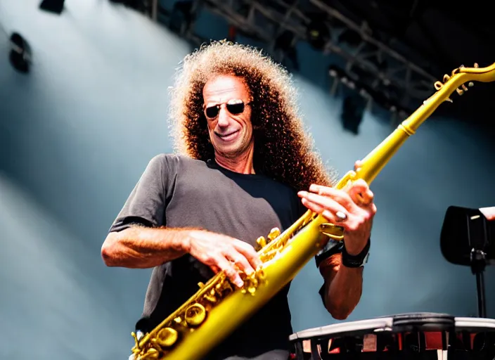 Image similar to photo still of kenny g on stage at vans warped tour!!!!!!!! at age 3 8 years old 3 8 years of age!!!!!!! playing saxophone, 8 k, 8 5 mm f 1. 8, studio lighting, rim light, right side key light