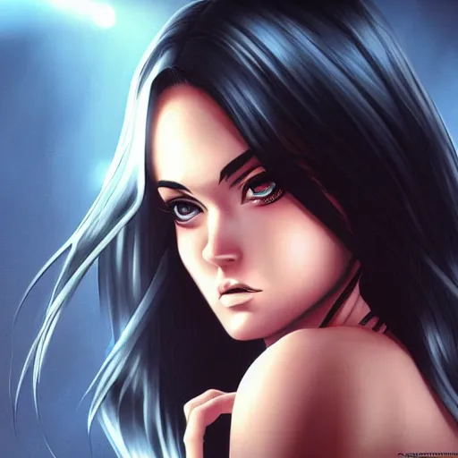 Prompt: a manga caricature of Megan Fox drawn by Sakimichan and Artgerm, epic, dramatic lighting, highly detailed, crisp and intricate, 8k