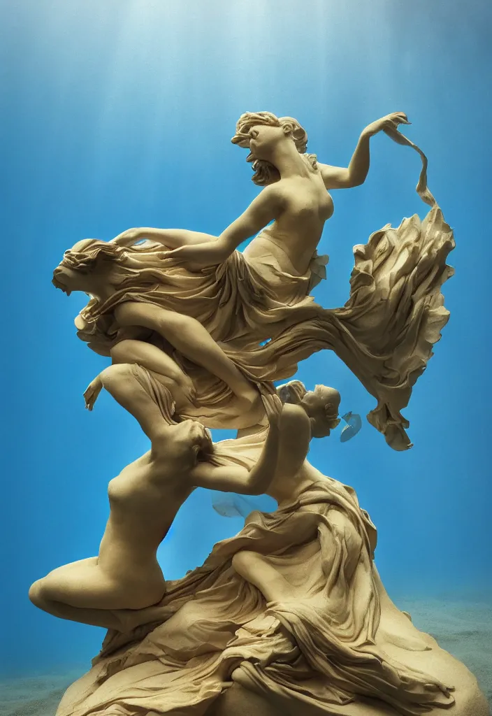 Prompt: an underwater dance. complementary colors. national geographic. 8 k, rendered in octane, smooth gradients. soft natural volumetric cinematic light. subsurface scattering. sculpture by antonio canova.