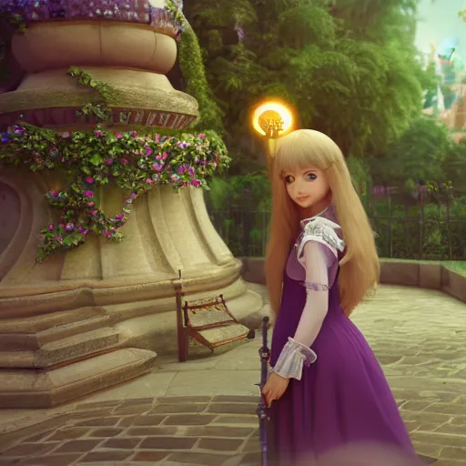 Image similar to a very detailed, ultra-realistic, pleasant, beautiful, funny, smooth 3D CG render, semirealistic anime style, close-up of a gorgeous, cute, gentle, noble priestess magician princess girl wearing dress and jewelry, in a glorious magic kingdom with castle and walls, relaxing calm vibes, fairytale, octane render