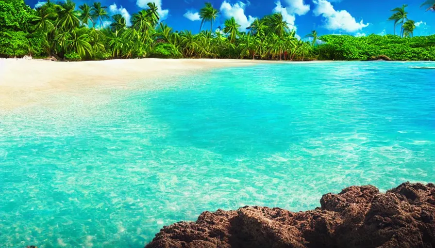 Prompt: a beautiful tropical beach with a stunning turquoise ocean in the background, digital art, highly detailed, realistic, bright colors, 8 k