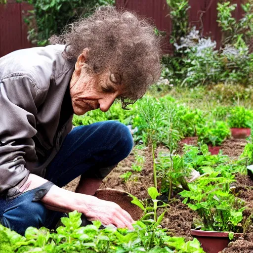Prompt: bob dylan on his hands and knees picking through the soil looking for grubs, photograph