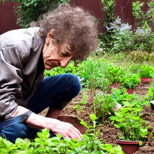 Image similar to bob dylan on his hands and knees picking through the soil looking for grubs, photograph