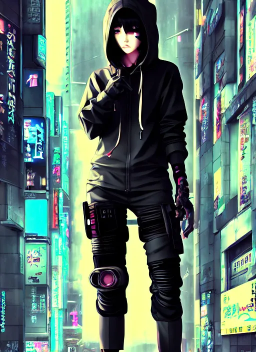 Prompt: cyberpunk anime girl in hoodie, 3 / 4 shot, street night, grafity, realistic face, beautiful face, grafity, arcane, action, tokyo street, detail, good face, pose model, concept art, in style of yoji shinkawa, pan ren wei, col price, atey ghailan, by greg rutkowski, aesthetic