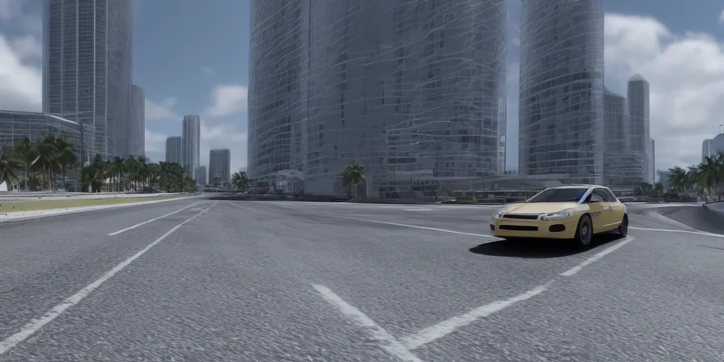 Image similar to car driving across miami, third person bumper camera, realistic, vray, path traced, render