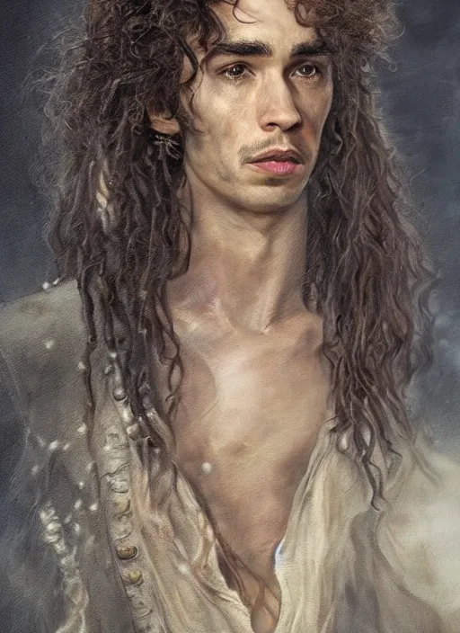 Image similar to a beautiful painting portrait of Robert Sheehan in Pirates of the Carribean 6, matte painting, fantasy art, dark but detailed digital art, highly detailed, a masterpiece trending on artstation. Robert Sheehan as a young but messy pirate and layabout