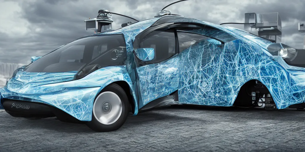 Image similar to hydrogen fuel cell vehicle, wide angle, intricate details, octane rendering.