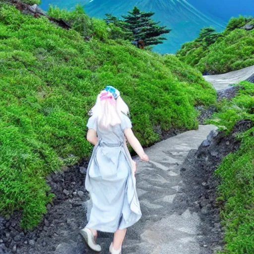 Image similar to a beautiful silver hair young woman walking up Mount Fuji in the style of studio ghibli