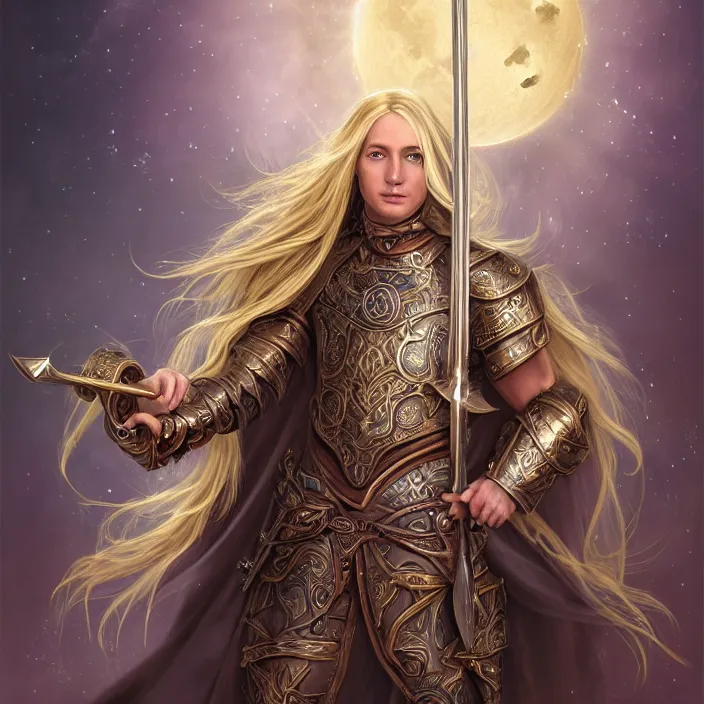 Prompt: Beautiful cleric with long flowing blonde hair wearing burnished bronze armour emblazoned with a swan on the breastplate. Wielding a magical scimitar embossed with the phases of the moon. Divine, flux. High fantasy, digital painting, HD, 4k, detailed.