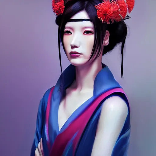 Image similar to portrait of beautiful japan cyberpunk geisha, by nick silva, ja mong, greg rutkowsky, digital, soft painting, photorealism, skin reflections