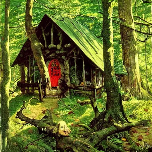 Image similar to witch cottage in the forest, lush forest art by norman rockwell, wide angle