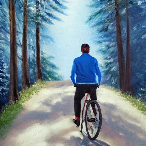 Prompt: man biking up a steep forest hill with a deep blue sweater. sweaty. Oil painting. Emotional. Trending on artstation. Steep. Trees.