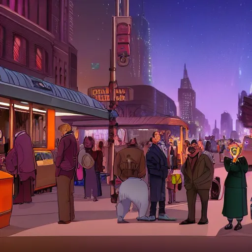 Image similar to few people waiting in a bus stop in dark city night, detailed, high quality, high resolution, screenshot from Zootopia