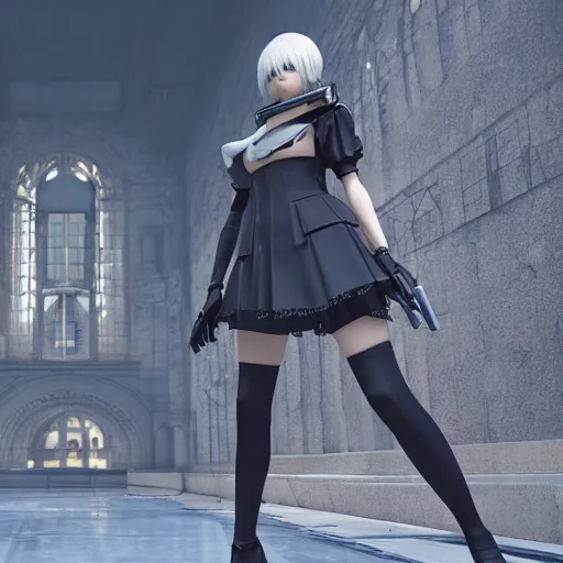 Image similar to 2B nier automata standing in front of a large building holding a Glock, detailed, artstation, concept art, Unreal Engine 5 render, 8K