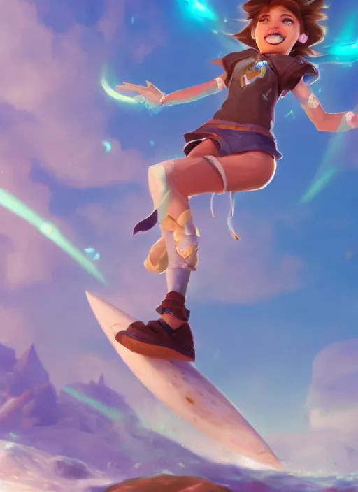 Image similar to youthful taliyah, from league of legends, au naturel, surfing a rock, hyper detailed, digital art, trending in artstation, cinematic lighting, studio quality, smooth render, unreal engine 5 rendered, octane rendered, art style by klimt and nixeu and ian sprigger and wlop and krenz cushart