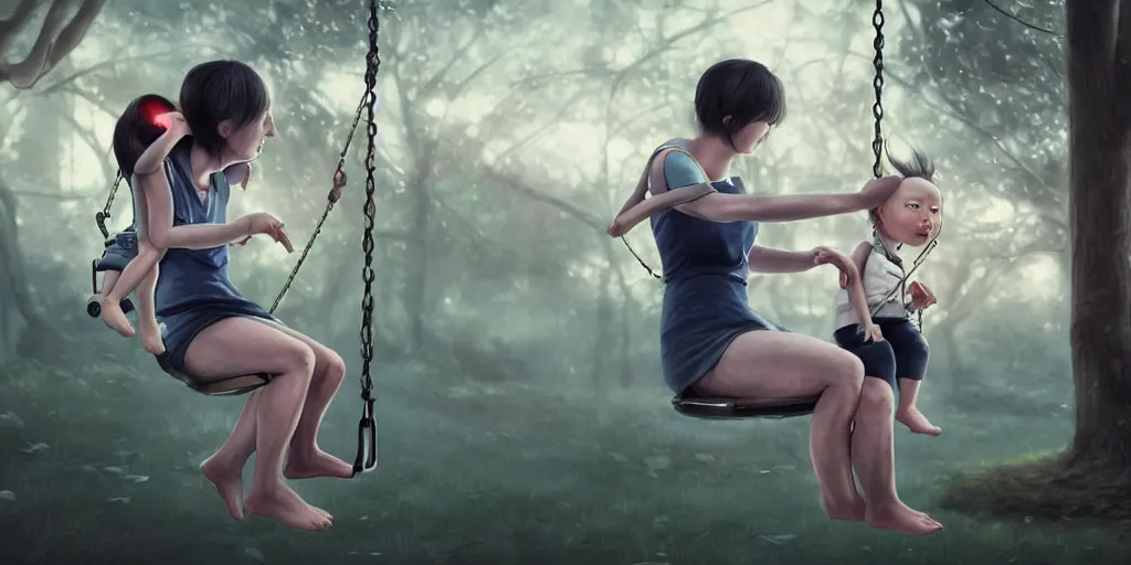 Prompt: hyperrealistic photography of a gentle cyborg pushing an android child on a swing in a cyborg park in the style of Jin Kagetsu, patricia piccinini, James Jean and wlop, highly detailed, masterpiece, award-winning, sharp focus, intricate concept art, ambient lighting, 8k, artstation