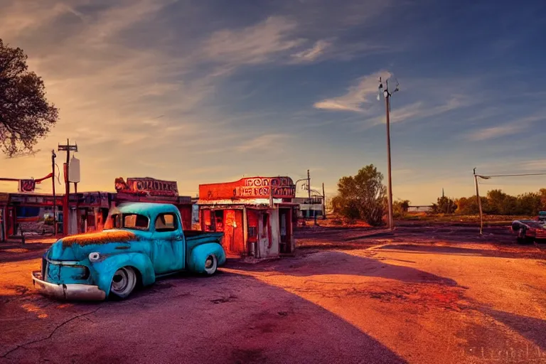 Image similar to a sunset light landscape with historical route 6 6, lots of sparkling details and sun ray ’ s, blinding backlight, smoke, volumetric lighting, colorful, octane, 3 5 mm, abandoned gas station, old rusty pickup - truck, beautiful epic colored reflections, very colorful heavenly, softlight