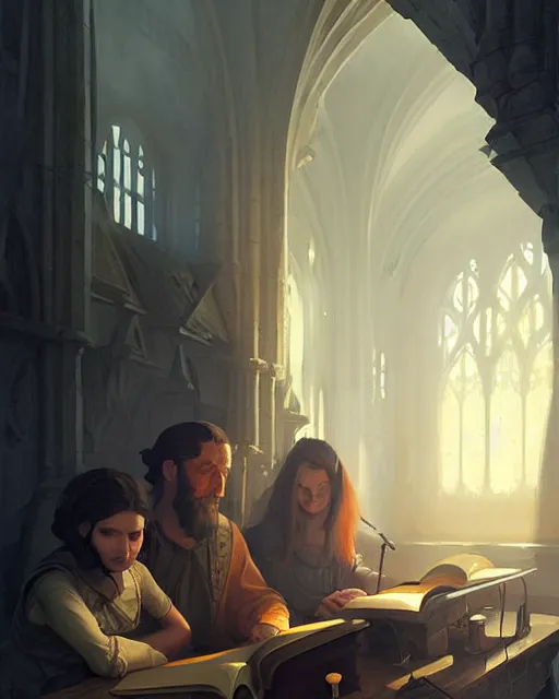 Prompt: middle ages lecture, old teacher speaks to young students | | realistic shaded, fine details, realistic shaded lighting poster by greg rutkowski, diego gisbert llorens, magali villeneuve, artgerm, jeremy lipkin and rob rey