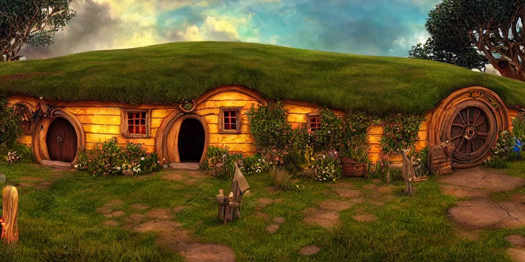 Image similar to Hobbiton but the houses are made from shipping containers, realistic, highly detailed, digital painting, smooth, sharp focus, cinematic lighting, Peter Jackson