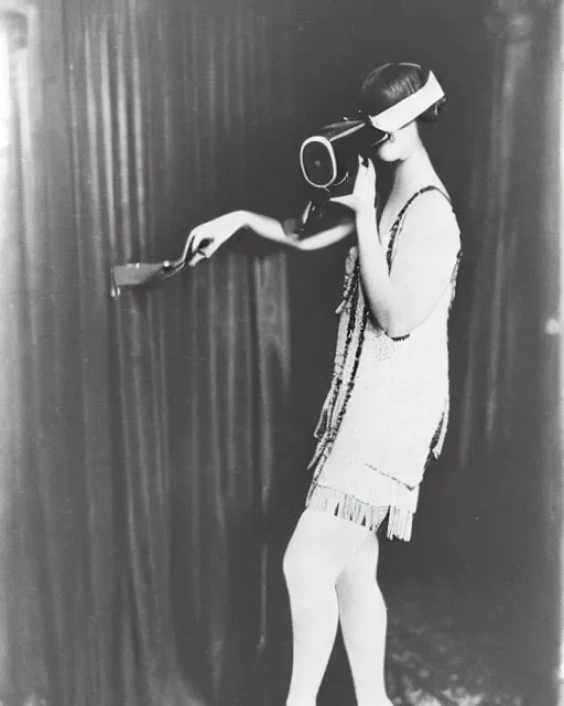 Image similar to 1 9 2 0 s photo of a flapper girl wearing a vr headset on a stage in a speakeasy