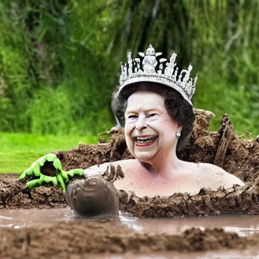 Image similar to queen elizabeth taking a mud bath in shreks swamp, professional photograph, highly detailed,